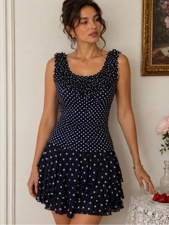 INC International Concepts Dresses & Skirts - Vtg. Y2K Parisian Coquette Navy Polka Dot 2Pc Set Tank & Tiered Mini Skirt  S/M
